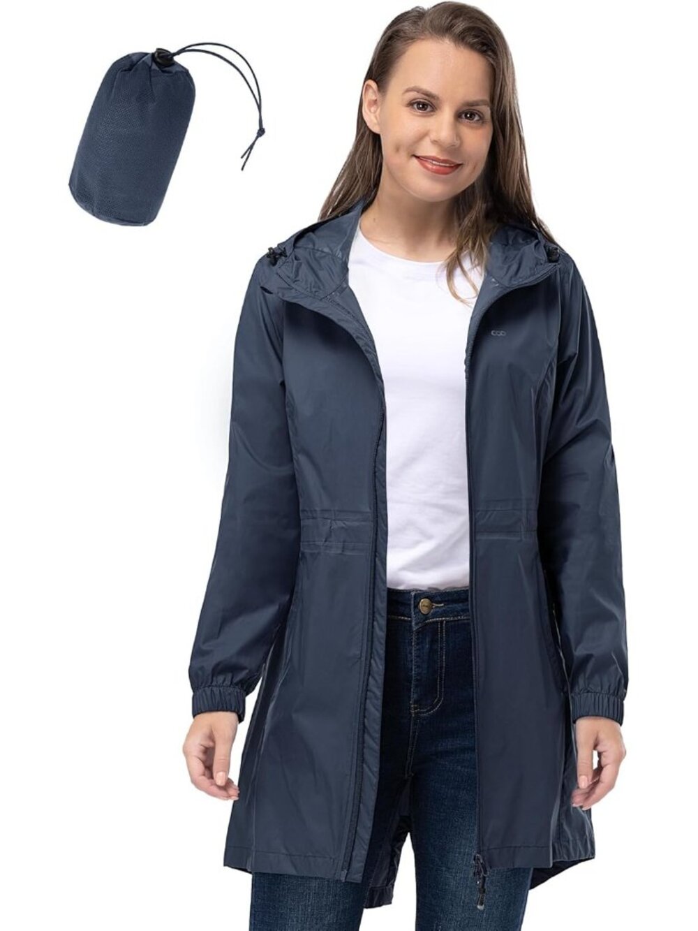 Women's Waterproof Long Packable Rain Jacket Dark Grey with Hood Trench Coats